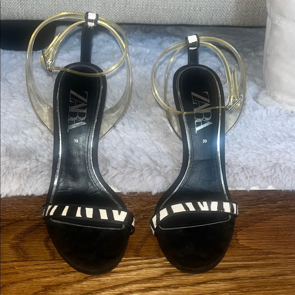 Zara Black and White Stiletto Heels with Animal Print